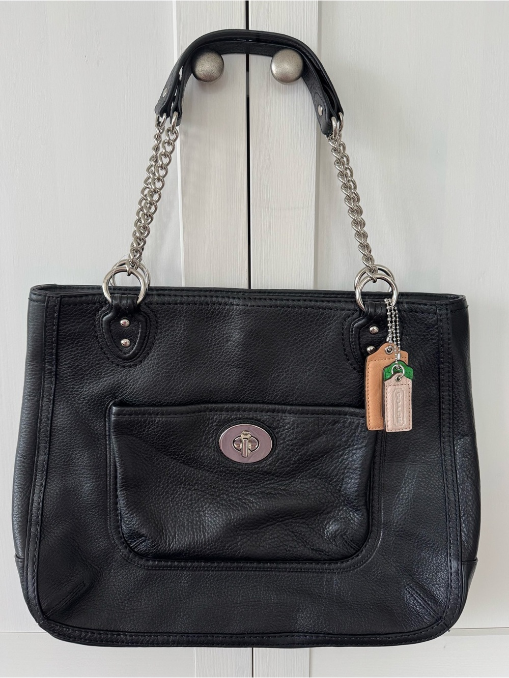 Coach Black Leather Shoulder Bag with Silver-Tone Chain Straps and Turn-Lock